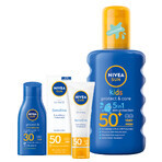 Nivea Sun Kids Protect &amp; Care Set, Spray de protecție pentru copii, SPF 50+, 200 ml + Cremă de protecție pentru față, SPF 50, 50 ml + Loțiune de protecție solară, SPF 30, 30 ml gratuit