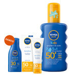 Nivea Sun Kids Protect &amp; Care Set, Spray de protecție pentru copii, SPF 50+, 200 ml + Cremă de protecție pentru față, SPF 50, 50 ml + Loțiune de protecție solară, SPF 30, 30 ml gratuit