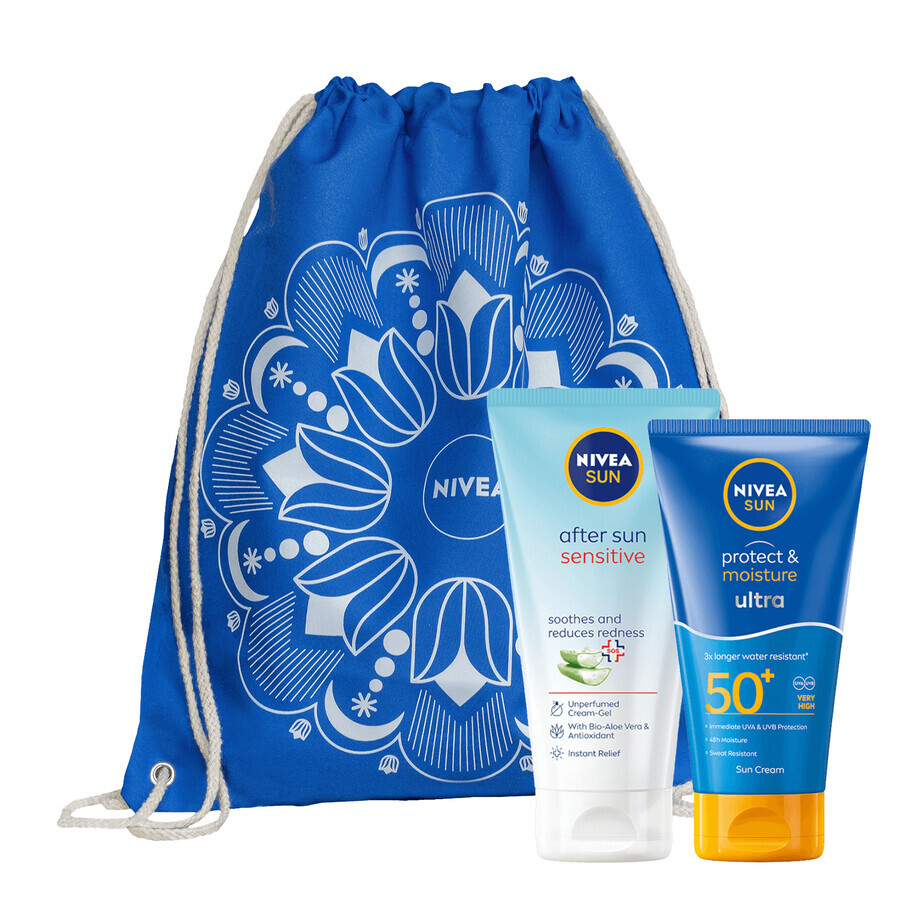 Set Nivea Sun Protect &amp; Moisture, loțiune solară ultrahidratantă, SPF 50+, 150 ml + gel-cremă calmant după plajă, 175 ml + rucsac gratuit