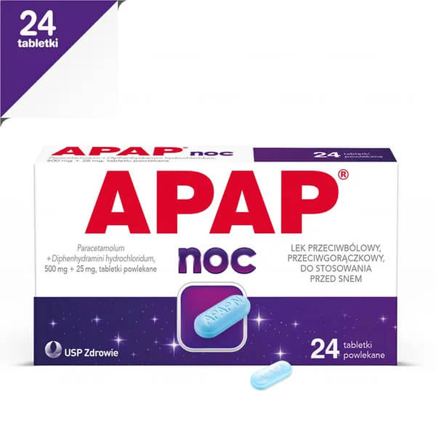 Apap Night 500 mg + 25 mg, 24 comprimés pelliculés