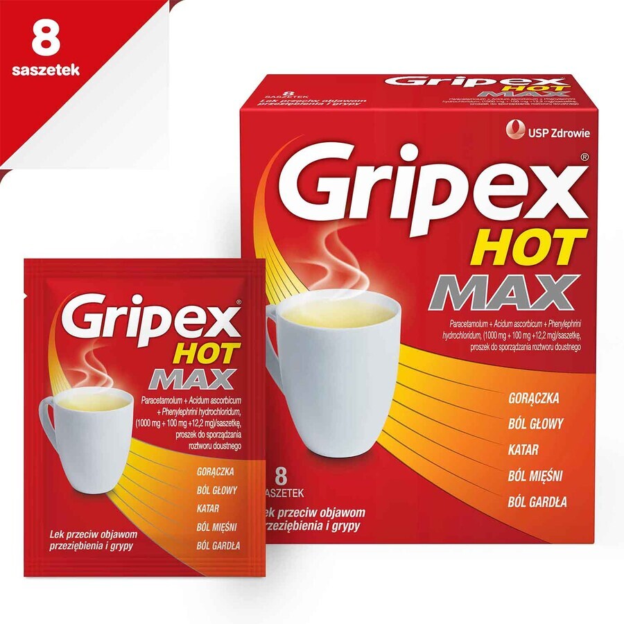 Gripex Hot Max 1000 mg + 100 mg + 12,2 mg, 8 pliculețe