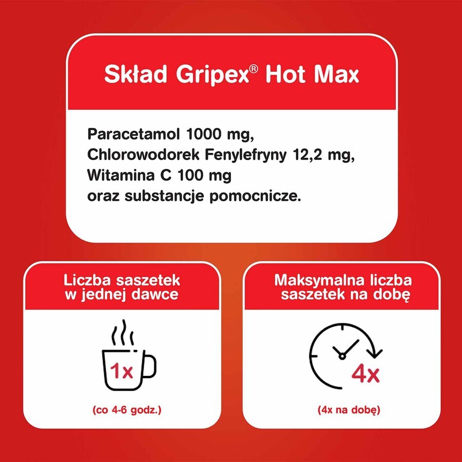 Gripex Hot Max 1000 mg + 100 mg + 12,2 mg, 8 pliculețe