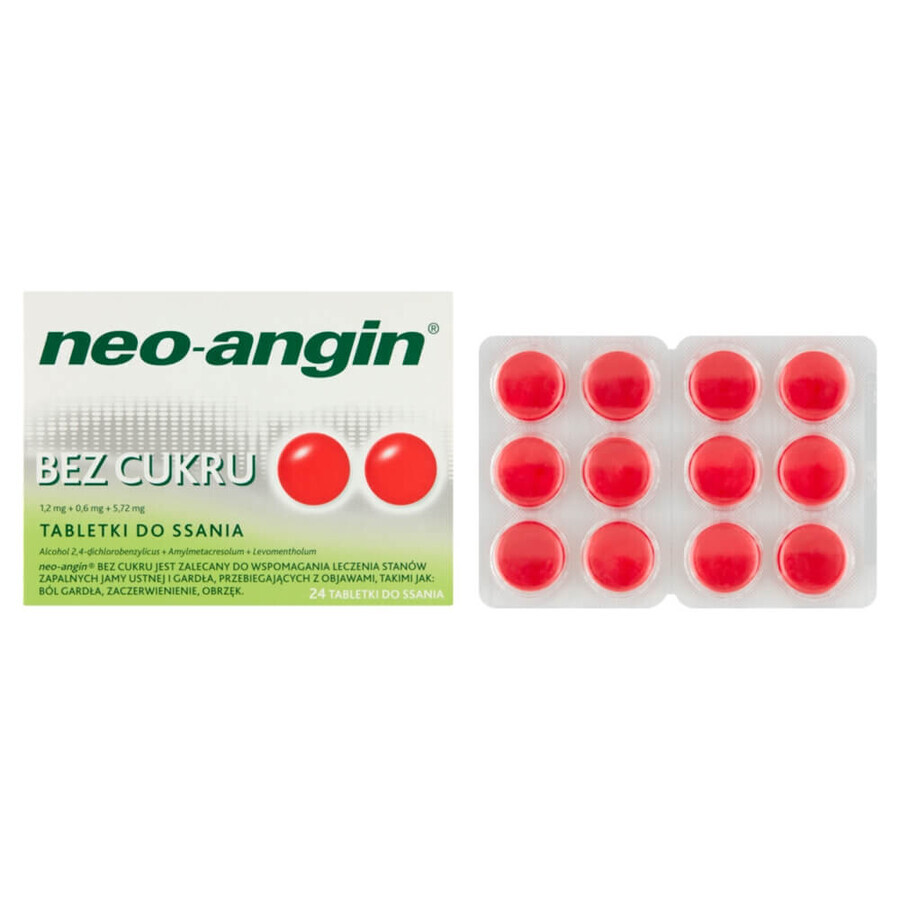 Neo-Angin suikervrij 1,2 mg + 0,6 mg + 5,72 mg, 24 zuigtabletten