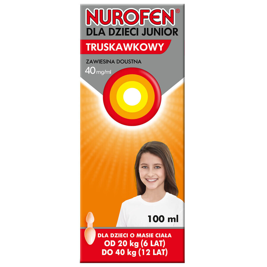 Nurofen voor kinderen Junior aardbei 40 mg/ml, orale suspensie, 6 tot 12 jaar, 100 ml