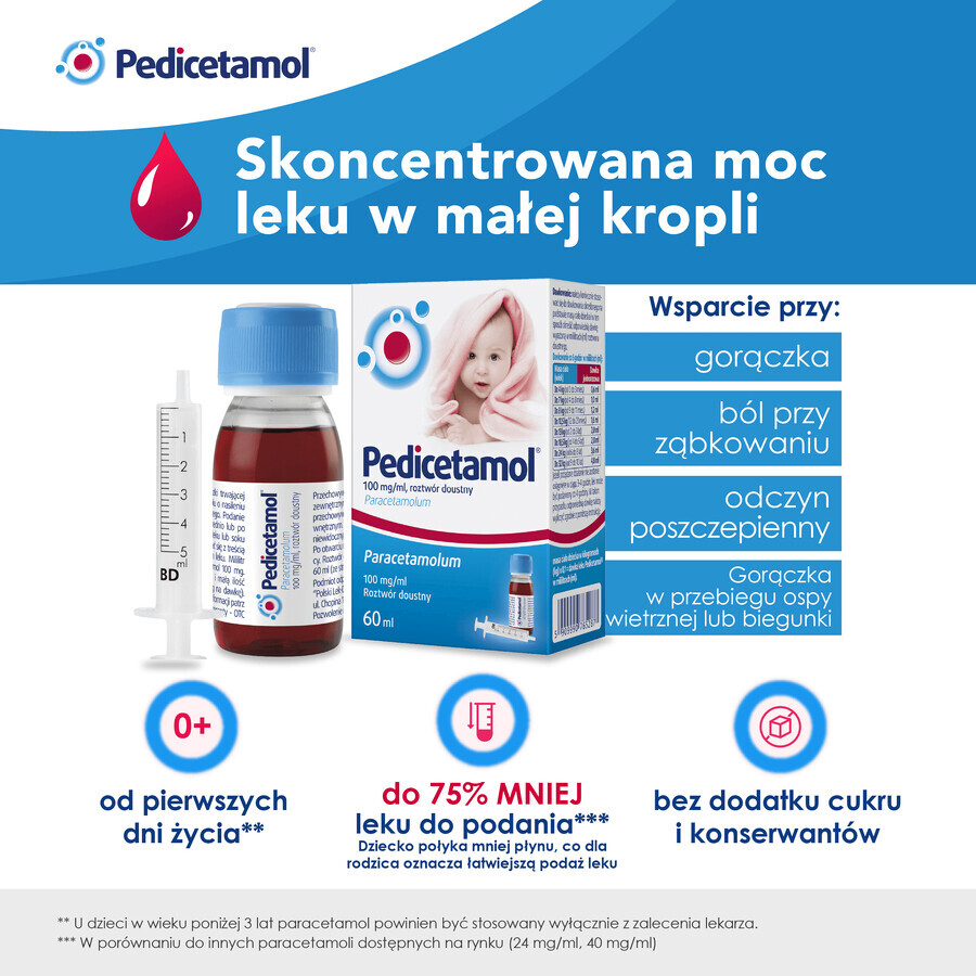 Pedicetamol 100 mg/ml, orale oplossing voor kinderen en zuigelingen vanaf de geboorte, 60 ml