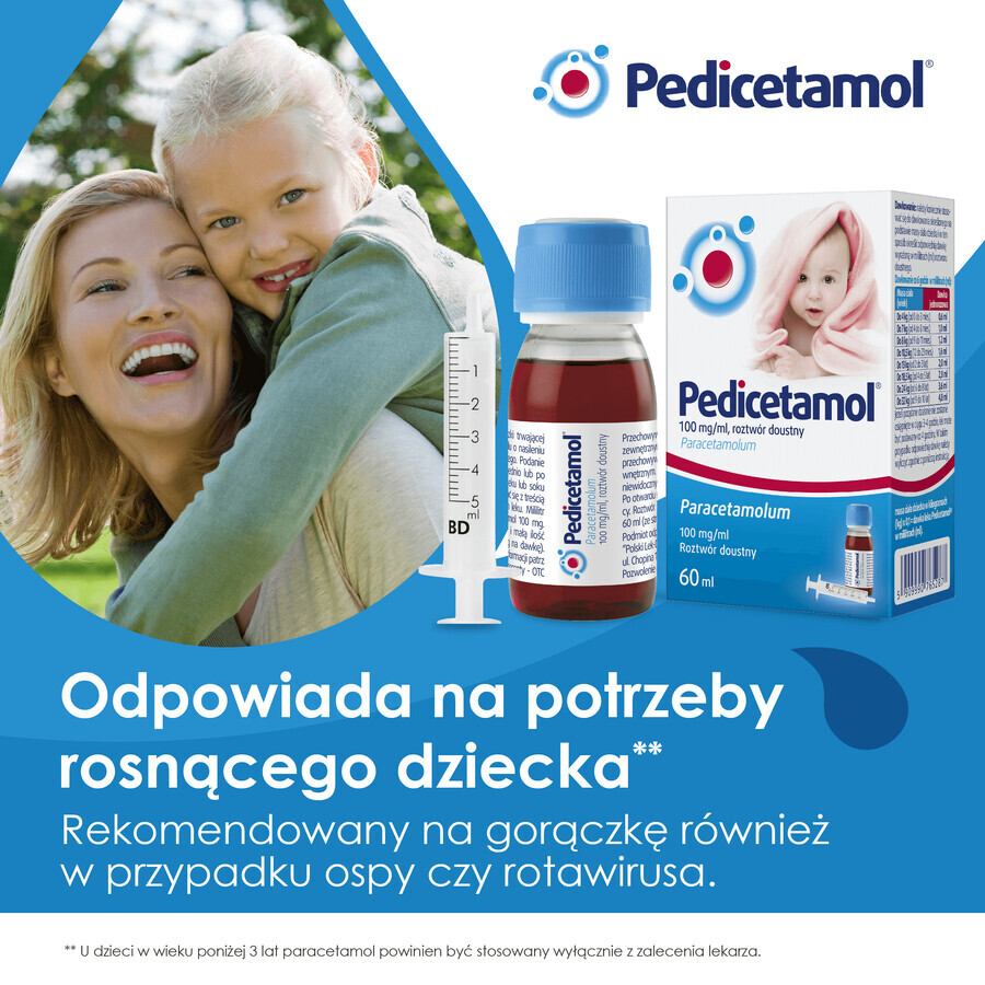 Pedicetamol 100 mg/ml, orale oplossing voor kinderen en zuigelingen vanaf de geboorte, 60 ml