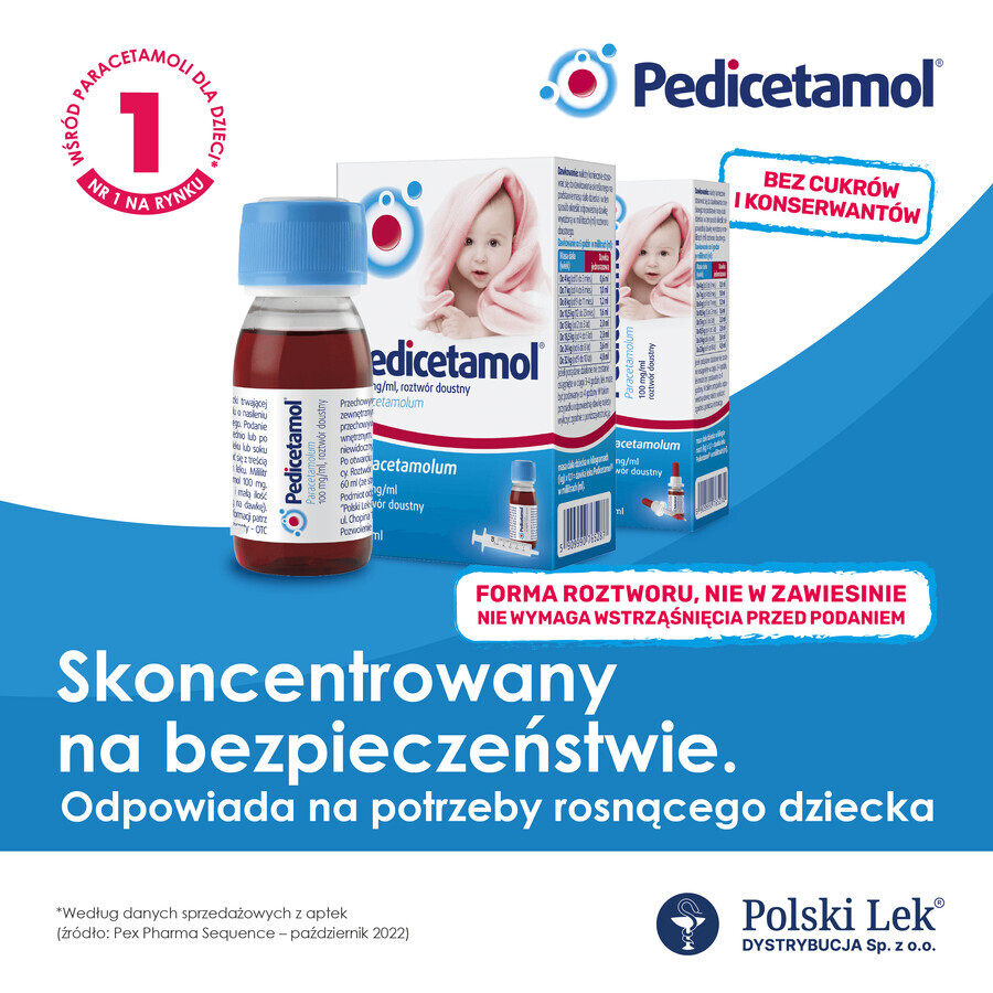 Pedicetamol 100 mg/ml, orale oplossing voor kinderen en zuigelingen vanaf de geboorte, 60 ml