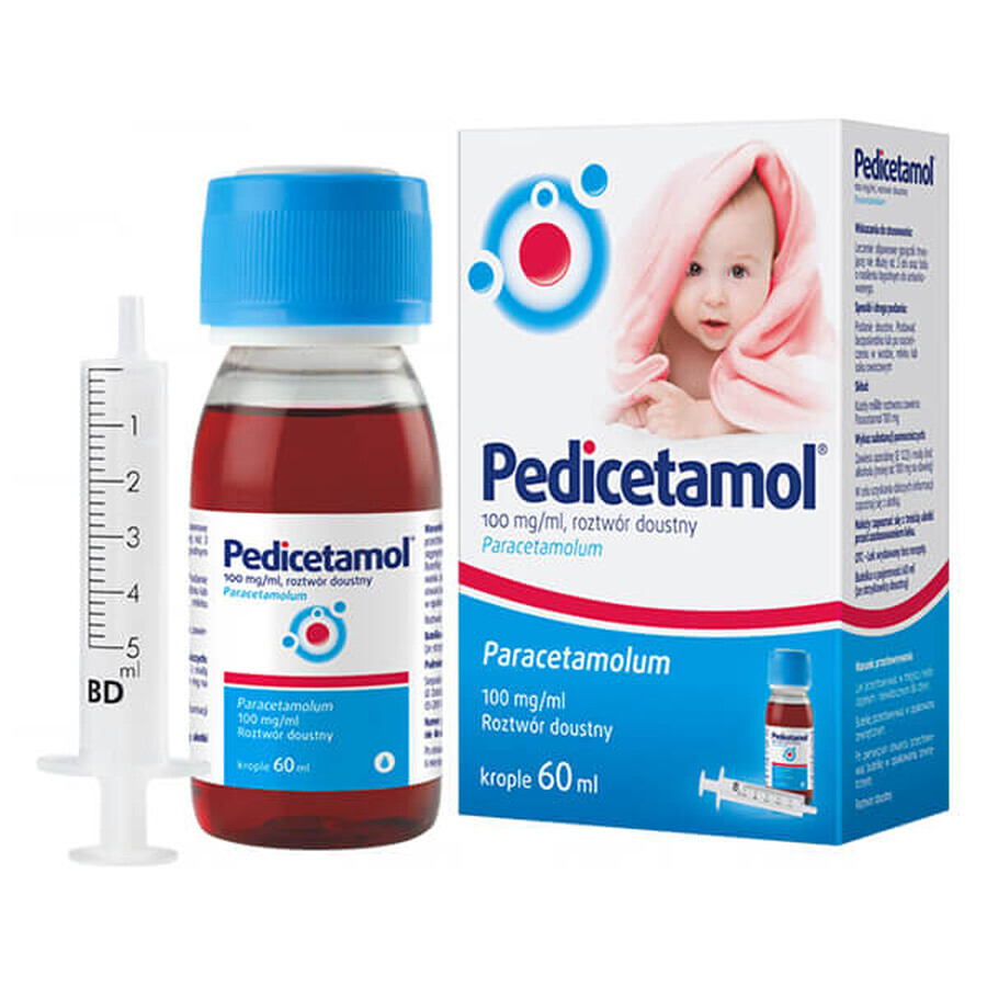 Pedicetamol 100 mg/ml, orale oplossing voor kinderen en zuigelingen vanaf de geboorte, 60 ml