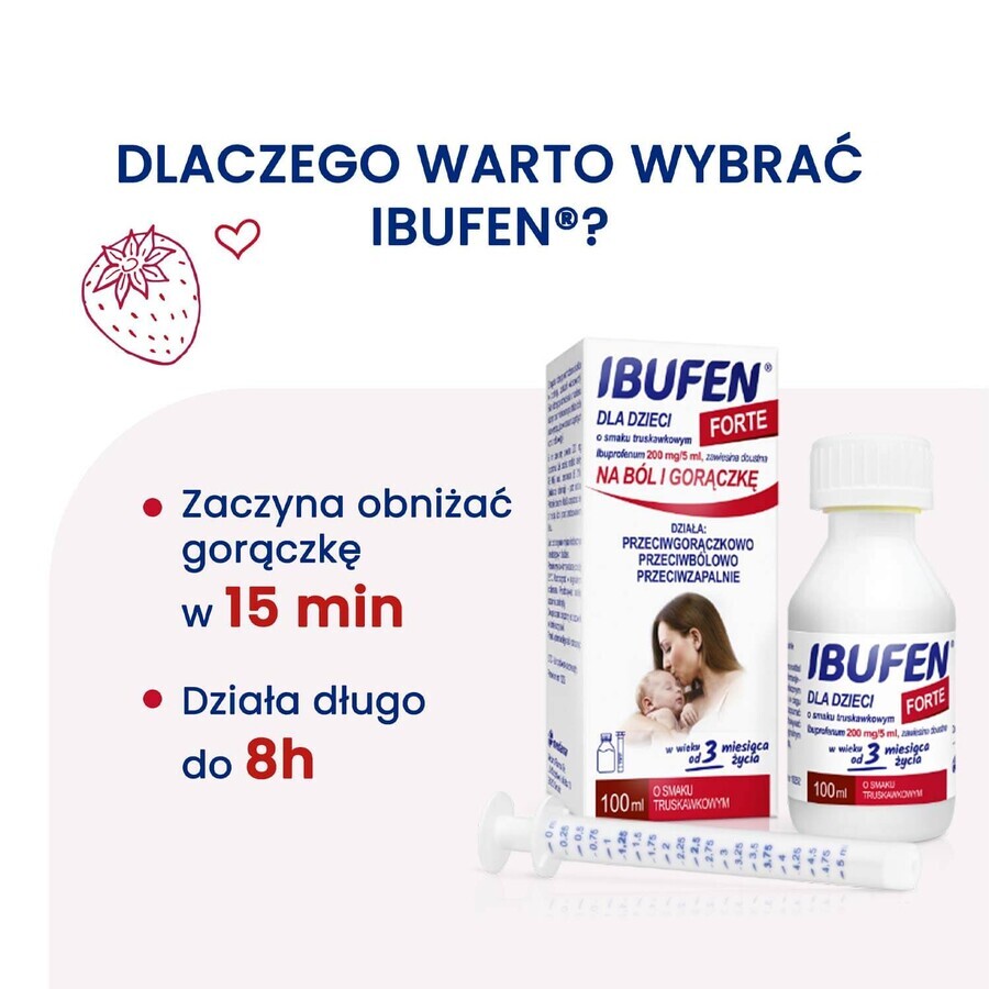 Ibufen pentru copii Forte aromă de căpșuni 200 mg/ 5 ml, suspensie orală de la 3 luni, 100 ml