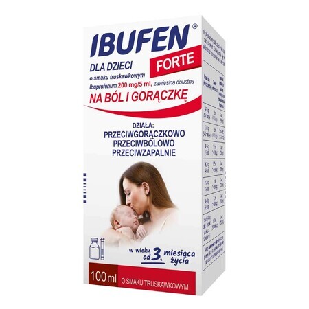 Ibufen pentru copii Forte aromă de căpșuni 200 mg/ 5 ml, suspensie orală de la 3 luni, 100 ml