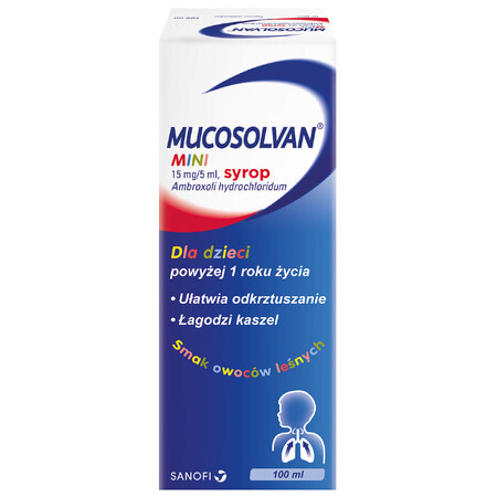 Mucosolvan Mini 15 mg/5 ml, siroop voor kinderen vanaf 1 jaar, bosvruchtensmaak, 100 ml