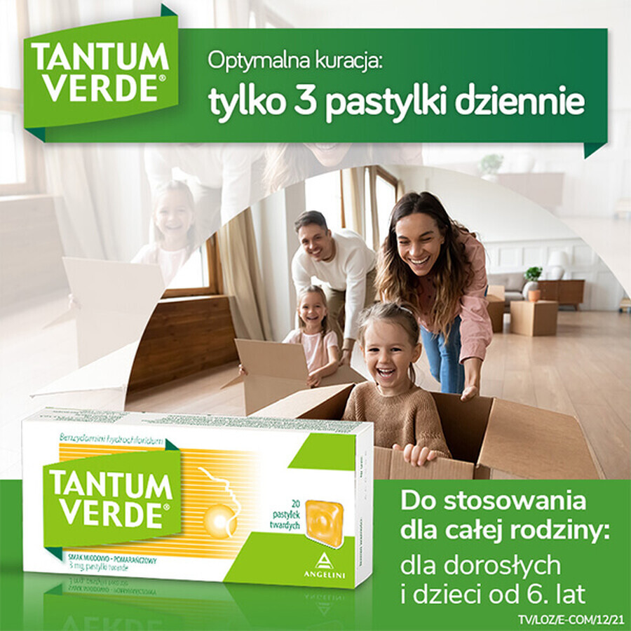 Tantum Verde 3 mg, aromă de miere și portocale, 20 de pastile tari