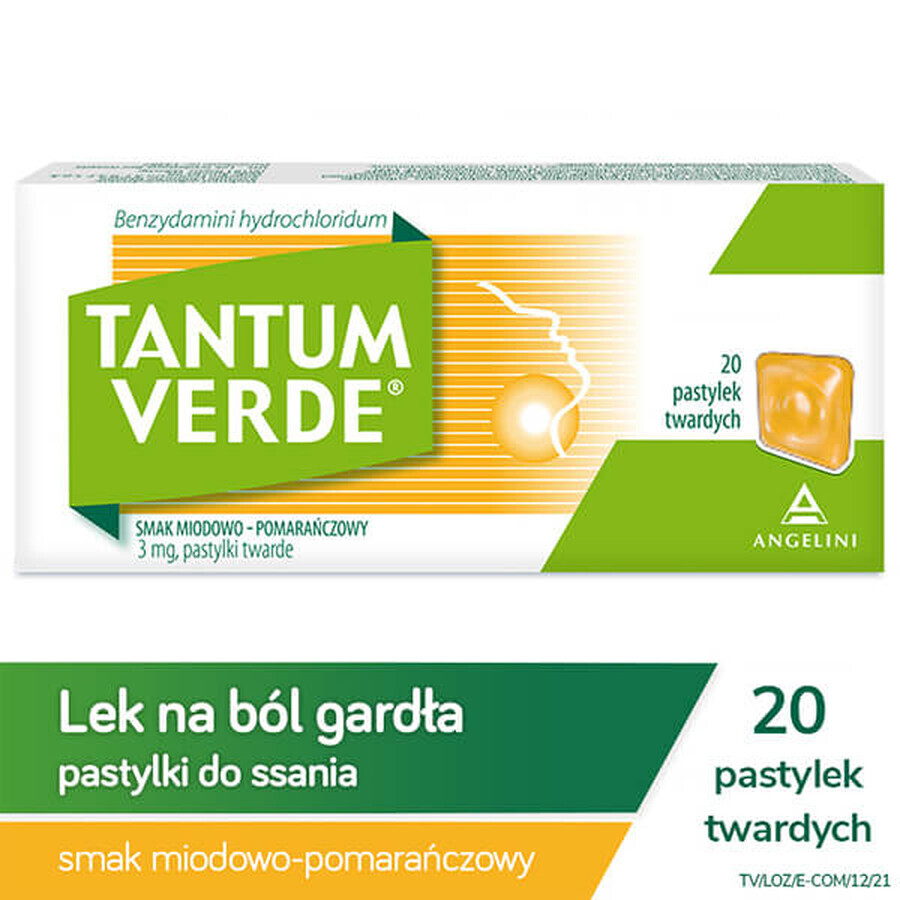 Tantum Verde 3 mg, aromă de miere și portocale, 20 de pastile tari