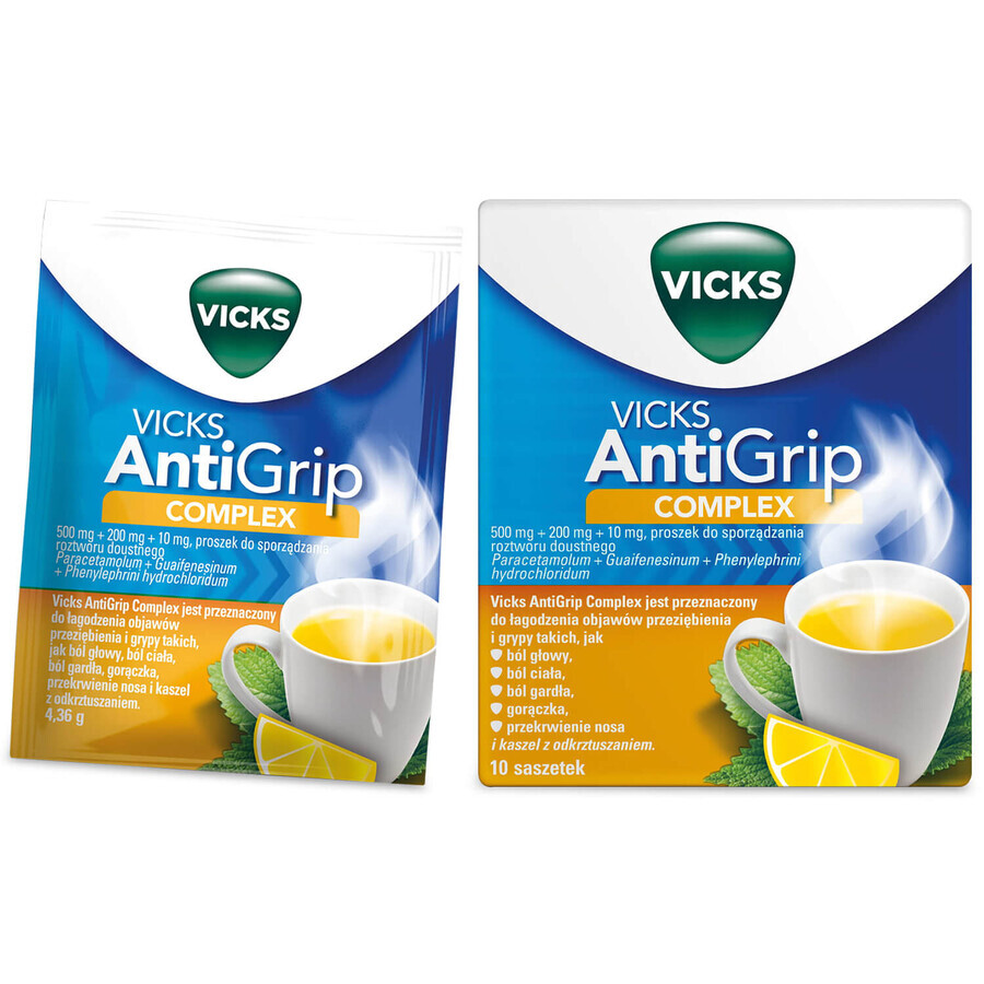 Vicks AntiGrip Complex 500 mg + 200 mg + 10 mg, poeder voor orale oplossing, 10 sachets