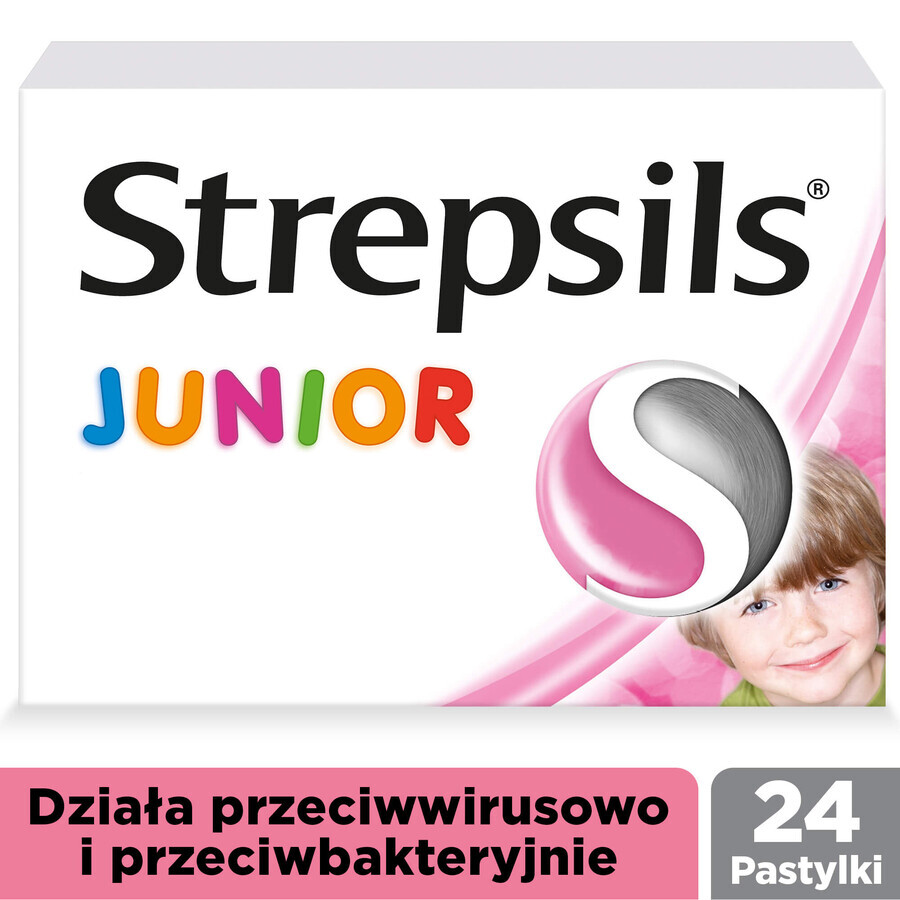 Strepsils Junior 1,2 mg + 0,6 mg, sin azúcar, sabor fresa, 24 pastillas para chupar