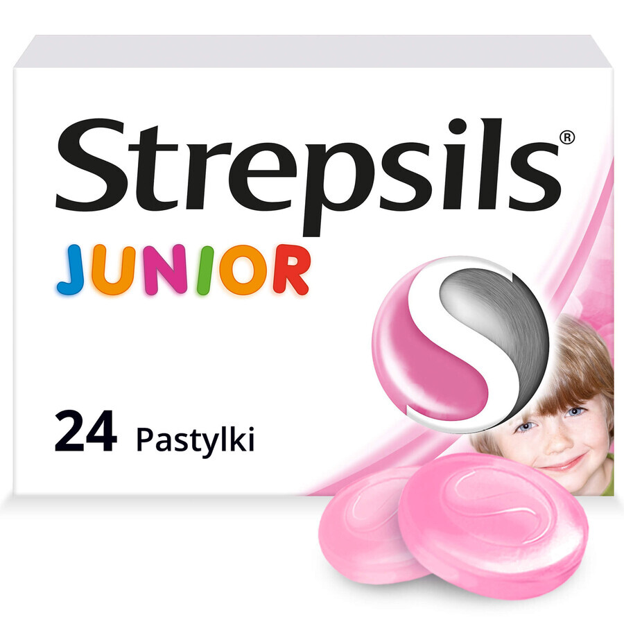 Strepsils Junior 1,2 mg + 0,6 mg, sin azúcar, sabor fresa, 24 pastillas para chupar