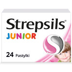 Strepsils Junior 1,2 mg + 0,6 mg, sin azúcar, sabor fresa, 24 pastillas para chupar