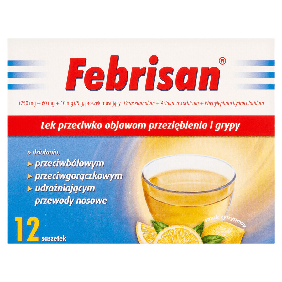 Febrisan (750 mg + 60 mg + 10 mg)/ 5 g, effervescent powder, 12 sachets