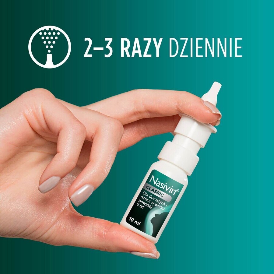 Nasivin Classic 0,5 mg/ml, spray nasale per adulti e bambini di età superiore ai 6 anni, 10 ml