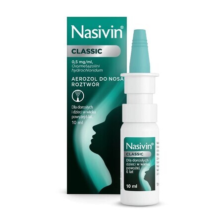 Nasivin Classic 0,5 mg/ml, spray nasale per adulti e bambini di età superiore ai 6 anni, 10 ml