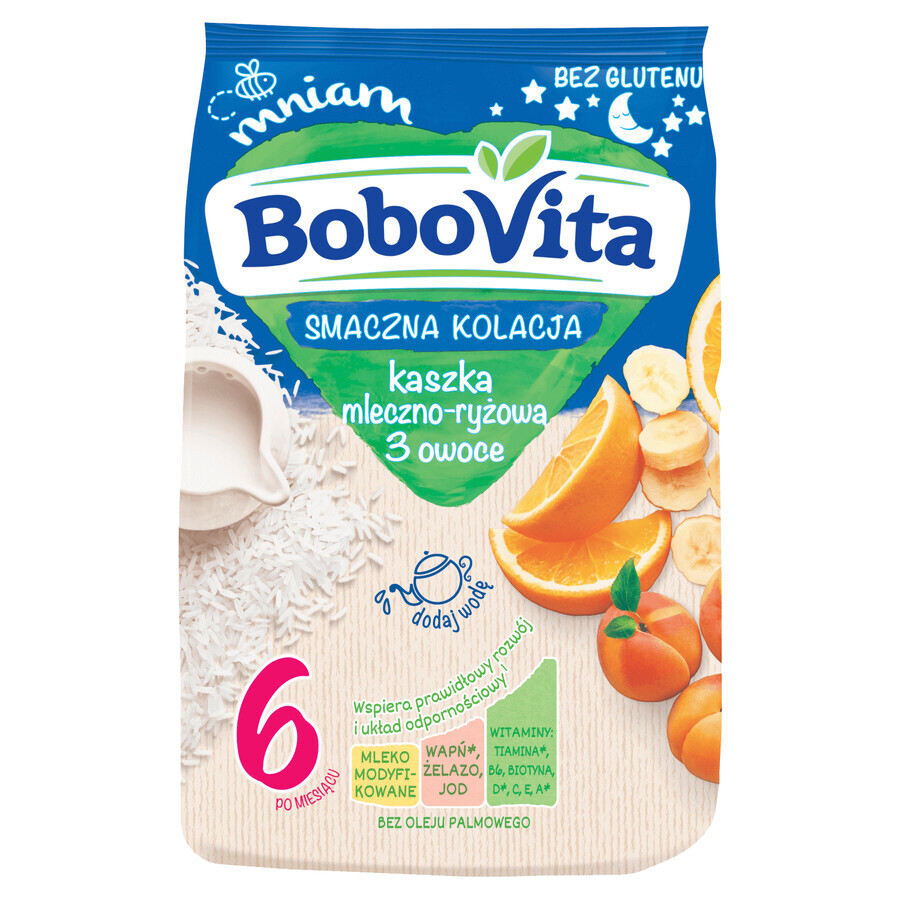 BoboVita Tasty Dinner Porridge di latte e riso, 3 frutti, senza glutine, dopo 6 mesi, 230 g