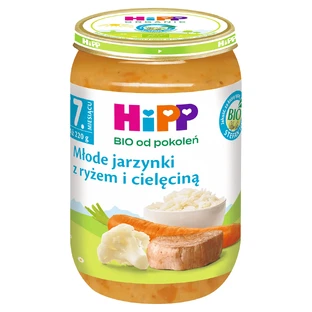 Farfurie HiPP Bio, legume tinere cu orez și vițel, după 7 luni, 220 g