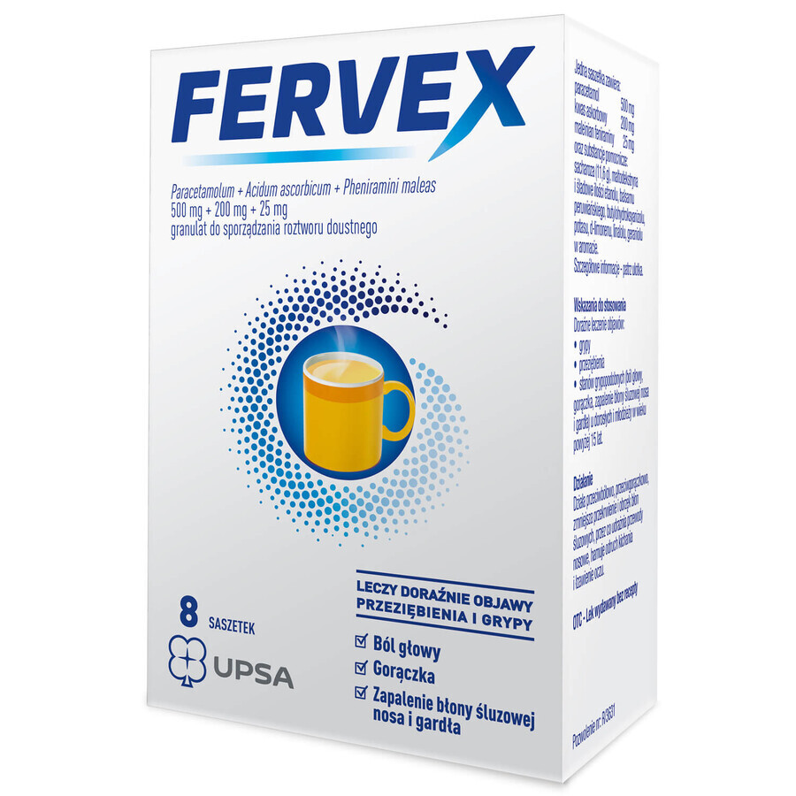 Fervex 500 mg + 200 mg + 25 mg, granulato per soluzione orale, gusto limone, 8 bustine