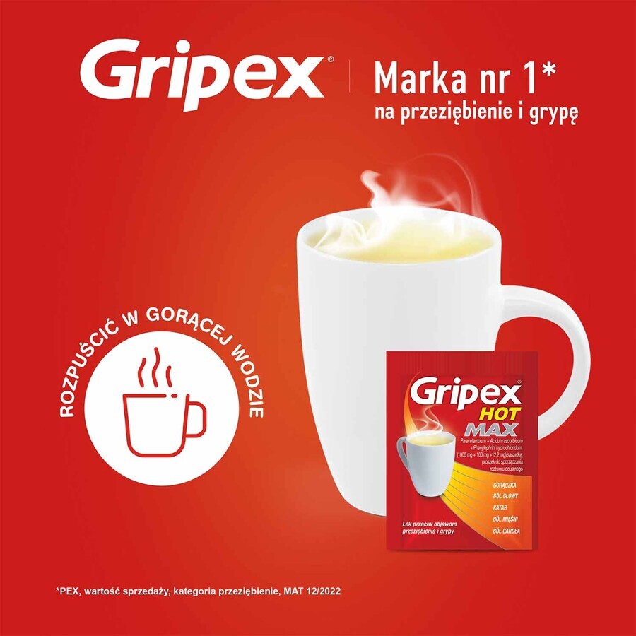 Gripex Hot Max 1000 mg + 100 mg + 12,2 mg, Pulver zum Einnehmen, 12 Beutel