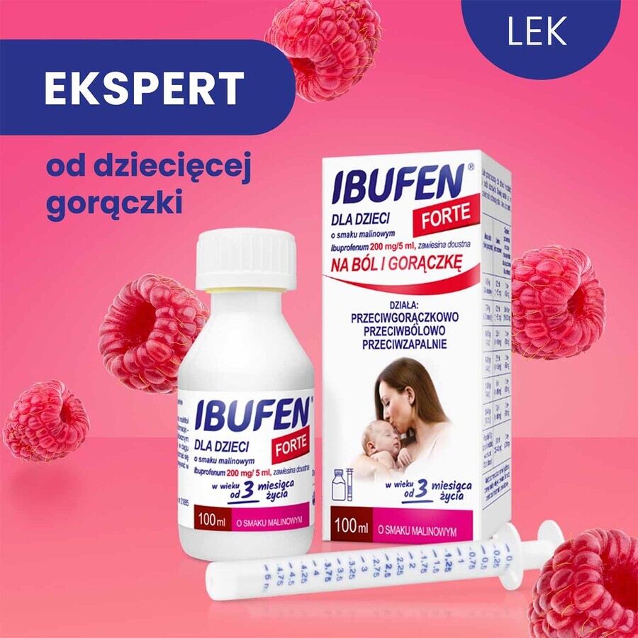 Ibufen pentru copii Forte aromă de zmeură 200 mg/ 5ml, suspensie orală de la 3 luni, 100ml