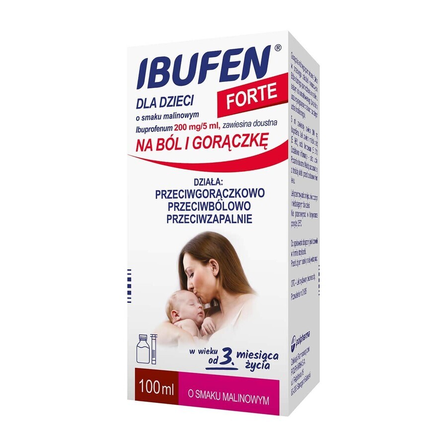 Ibufen pentru copii Forte aromă de zmeură 200 mg/ 5ml, suspensie orală de la 3 luni, 100ml