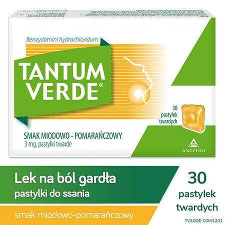 Tantum Verde 3 mg, honey and orange flavor, 30 hard tablets