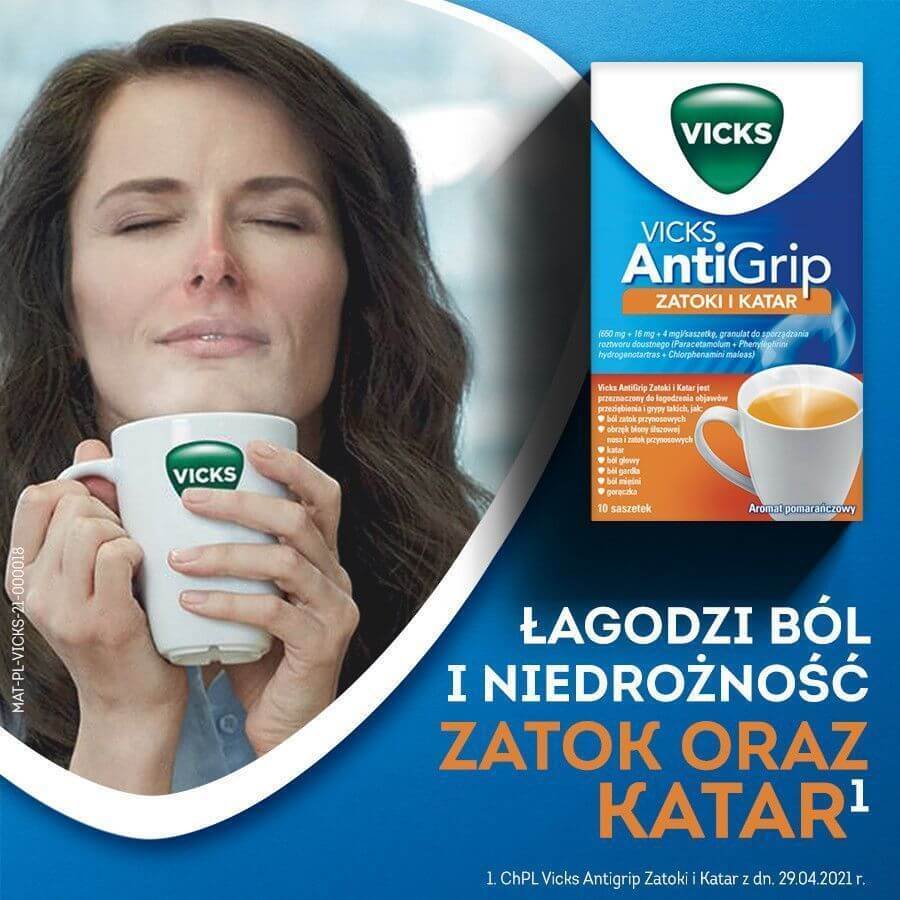 Vicks AntiGrip Zatoki i Katary 650 mg + 16 mg + 4 mg, Granulat für orale Lösung, 10 Beutel