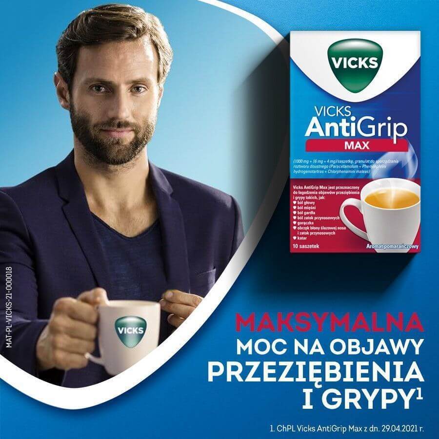 Vicks AntiGrip Max 1000 mg + 16 mg + 4 mg, korrels voor orale oplossing, 10 sachets