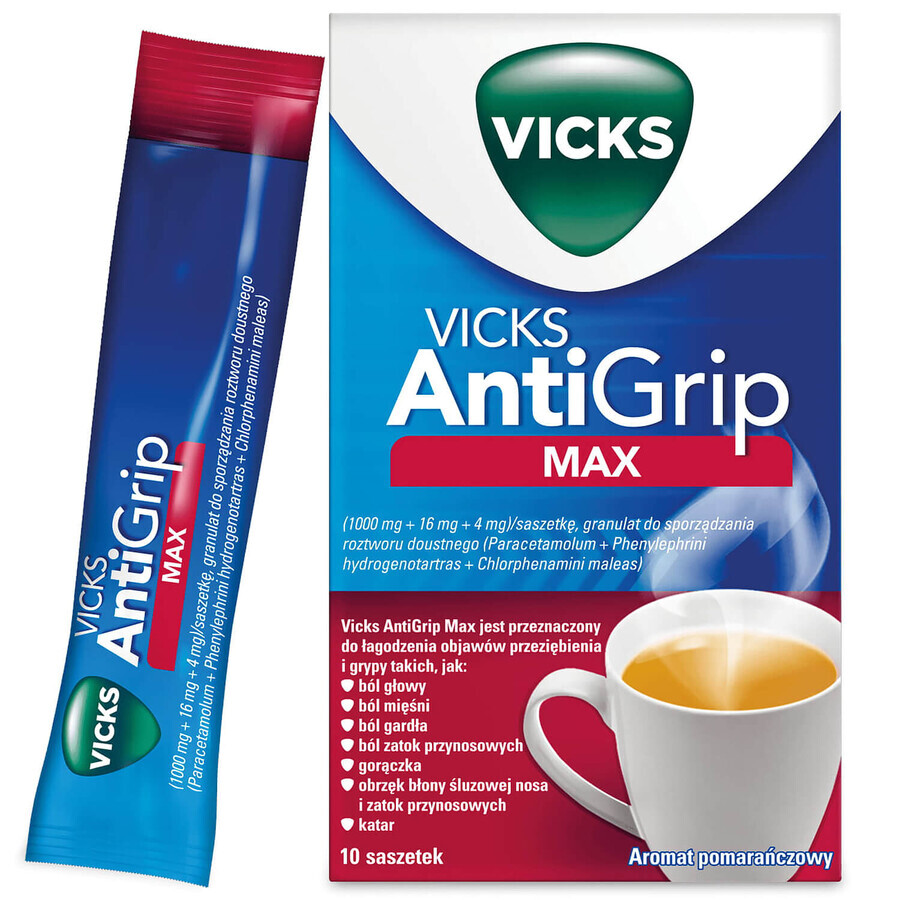 Vicks AntiGrip Max 1000 mg + 16 mg + 4 mg, korrels voor orale oplossing, 10 sachets