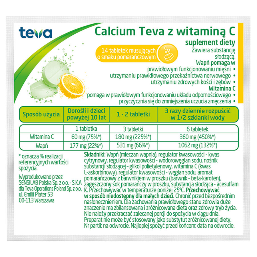 Calcium Teva mit Vitamin C, Orangengeschmack, 14 Brausetabletten