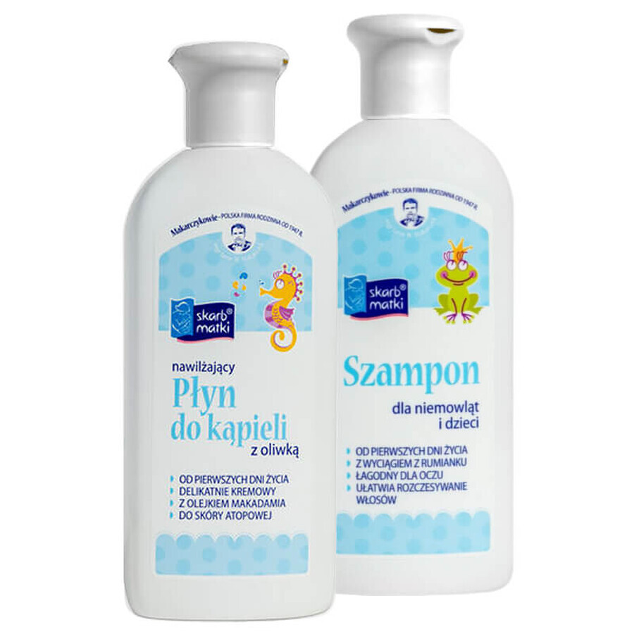 Tesoro de la Madre, líquido de baño con aceite de oliva para niños y bebés a partir de 1 día de edad, 250 ml + champú, 250 ml