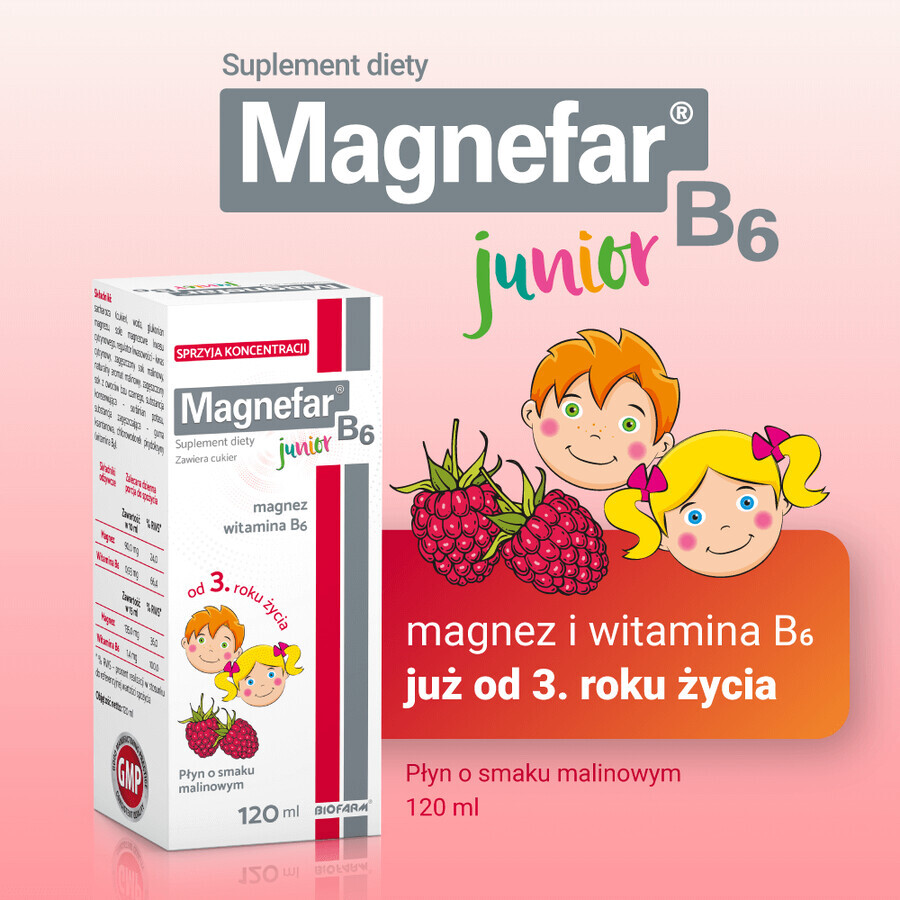 Magnefar B6 Junior, vloeibaar voor kinderen vanaf 3 jaar en volwassenen, frambozensmaak, 120 ml