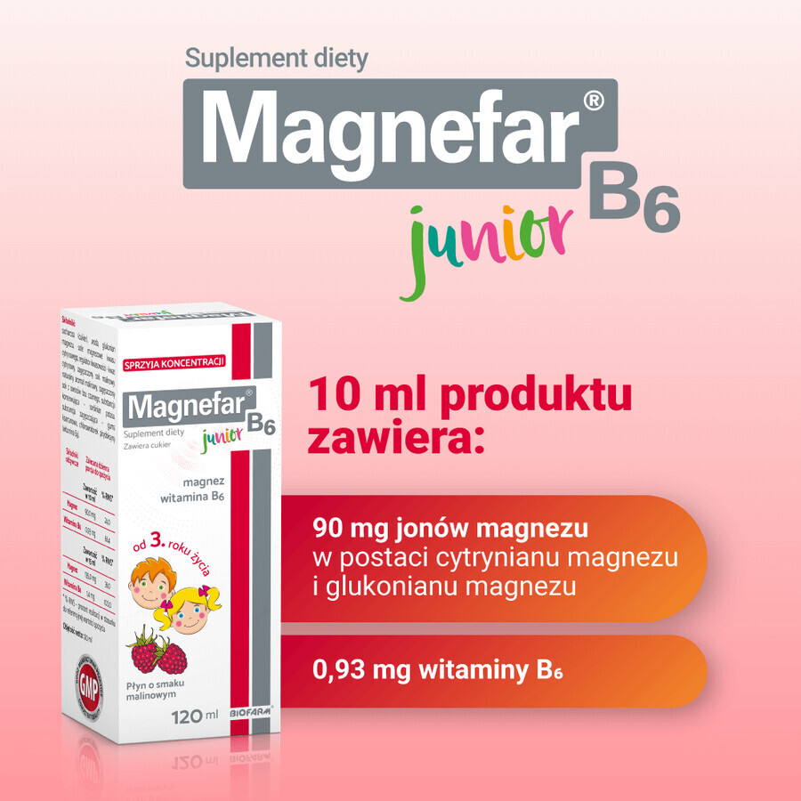 Magnefar B6 Junior, vloeibaar voor kinderen vanaf 3 jaar en volwassenen, frambozensmaak, 120 ml