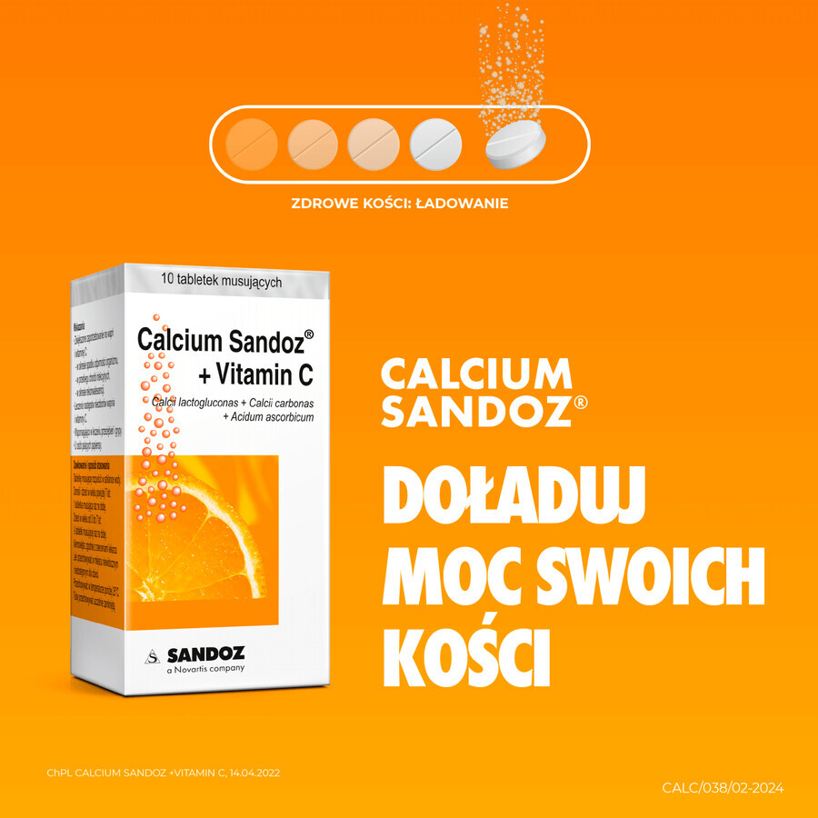 Calcium Sandoz + Vitamin C 260 mg + 1000 mg, orange flavor, 10 effervescent tablets