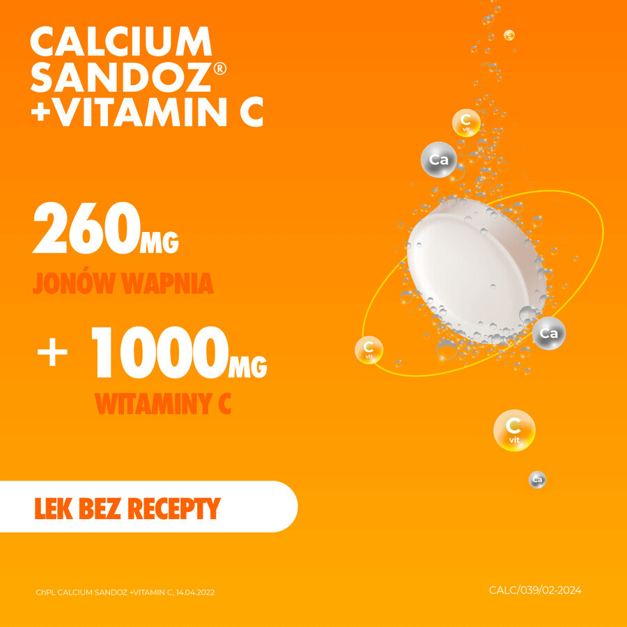 Calcium Sandoz + Vitamin C 260 mg + 1000 mg, orange flavor, 10 effervescent tablets