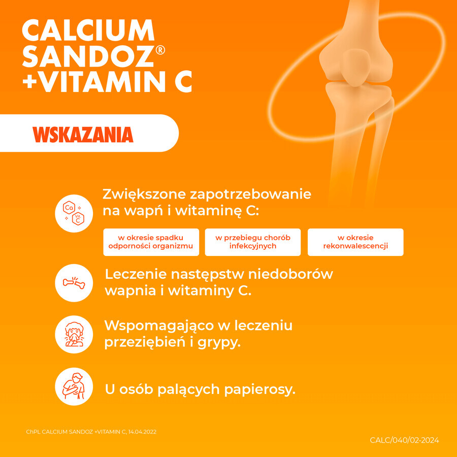 Calcium Sandoz + Vitamin C 260 mg + 1000 mg, orange flavor, 10 effervescent tablets