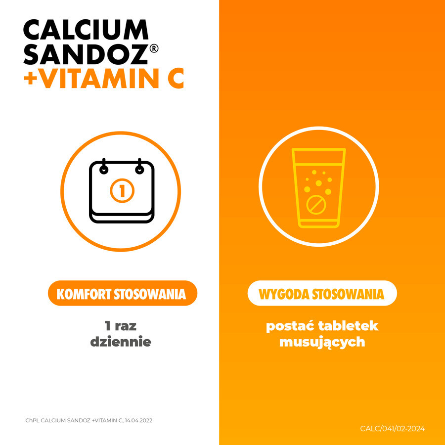 Calcium Sandoz + Vitamin C 260 mg + 1000 mg, orange flavor, 10 effervescent tablets