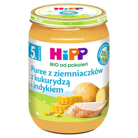 Piatto HiPP Bio, purè di patate con mais e tacchino, dopo 5 mesi, 190 g.