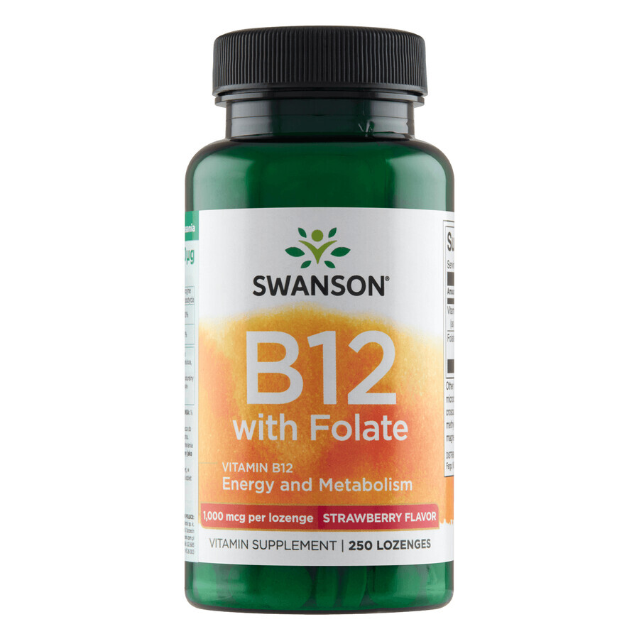 Swanson B-12 met foliumzuur, vitamine B12 en foliumzuur, aardbeiensmaak, 250 zuigtabletten