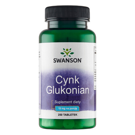 Swanson Zink 15 mg, zinkgluconaat, 250 tabletten