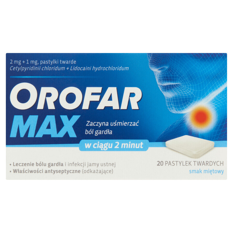 Orofar Max 2 mg + 1 mg, mint flavor, 20 hard tablets