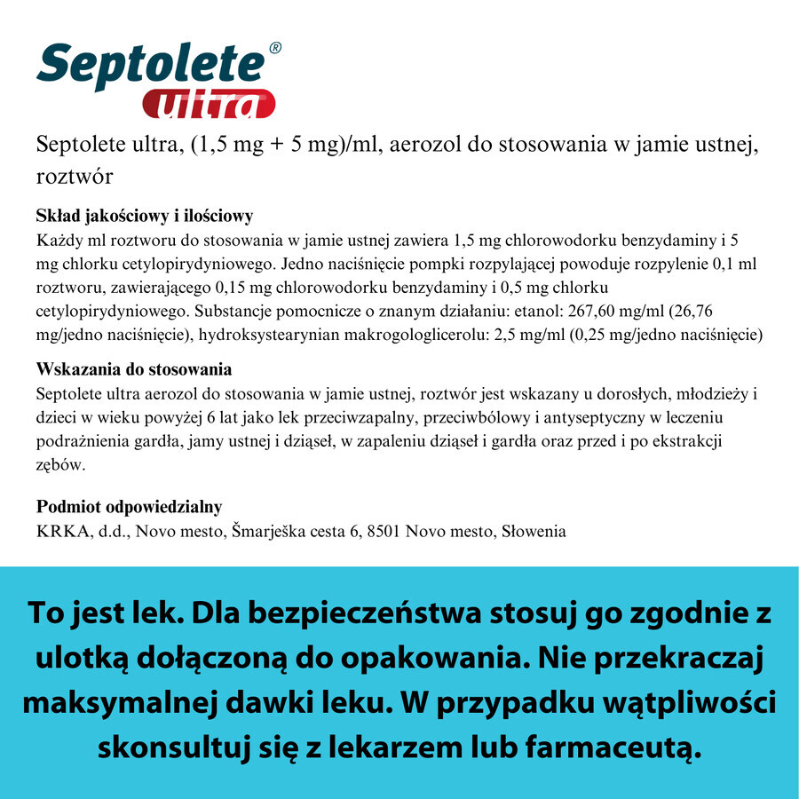 Septolete Ultra (1,5 mg + 5 mg)/ml, orale spray, oplossing, 30 ml