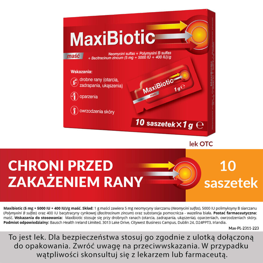 Maxibiotic (5 mg + 5000 IU + 400 IU)/g, ointment, 1 gx 10 sachets