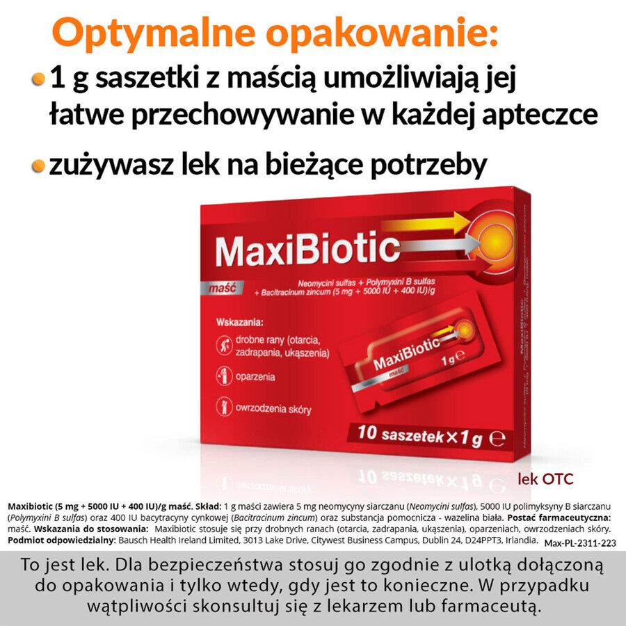 Maxibiotic (5 mg + 5000 IU + 400 IU)/g, ointment, 1 gx 10 sachets