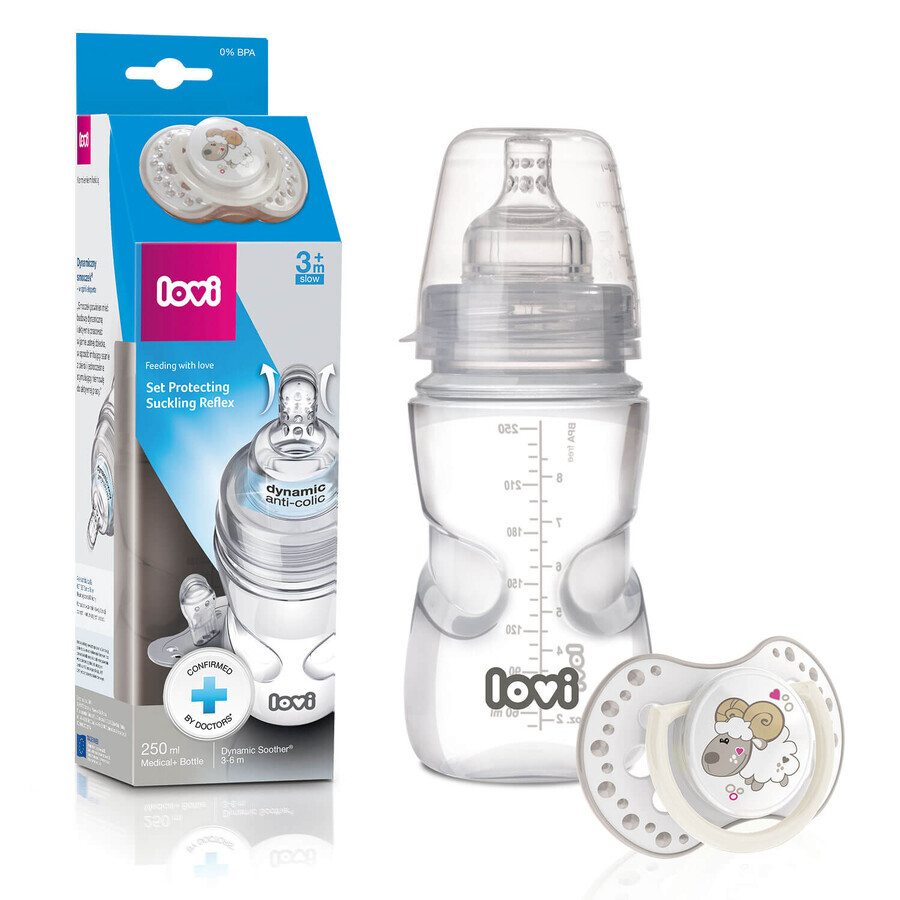 Lovi Medical+ Set, Antikolikflasche mit dynamischem Sauger, Brei, ab 6 Monate, 250 ml + Schnuller, 3-6 Monate